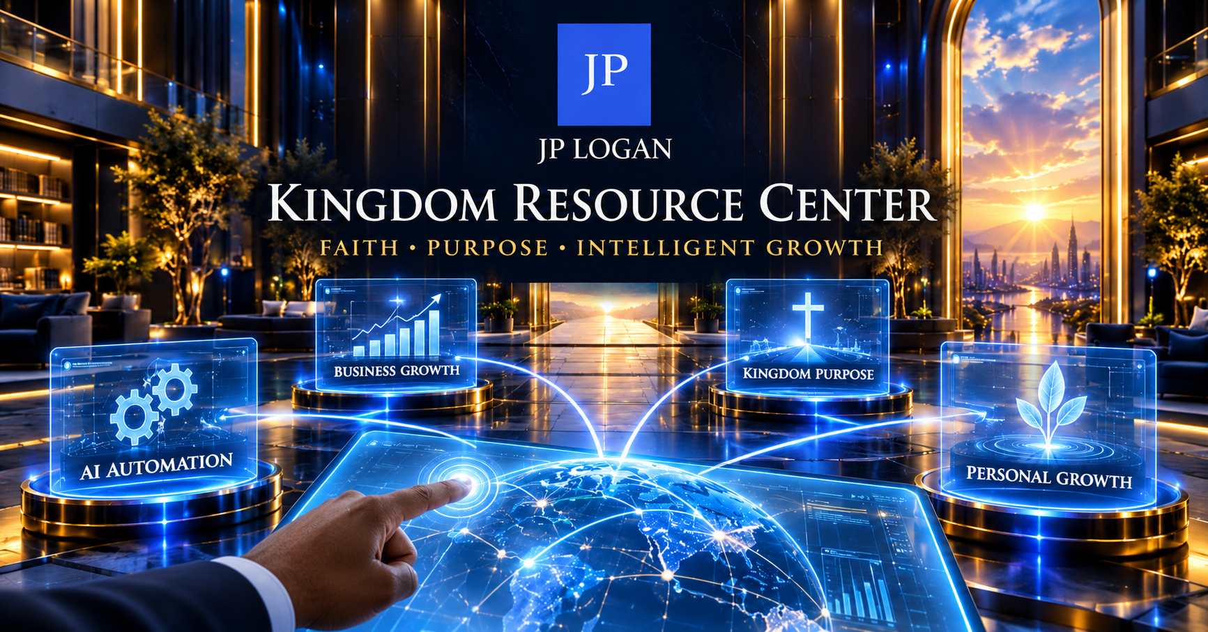 JP LOGAN Kingdom Resource Center with blue holographic screens for AI automation, business growth, Kingdom purpose and personal growth.